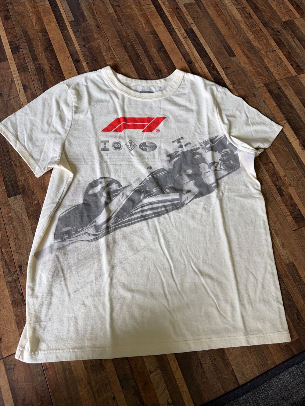 Hybrid Apparel White Tee with Red & Gray Racing Graphic